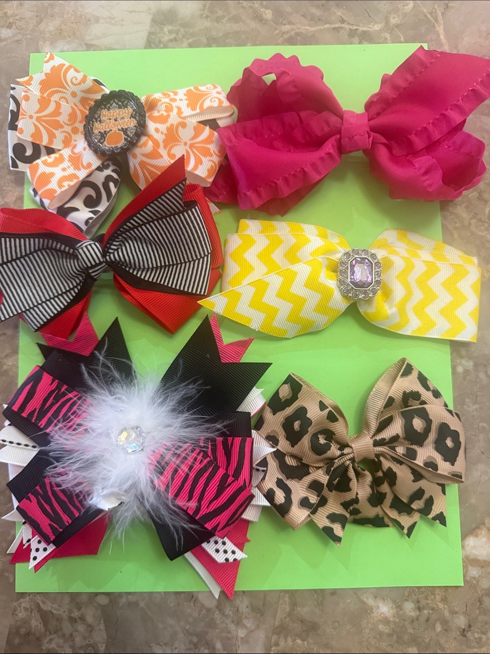 Kids Multi-Color Bow Hair Clip Set - Hot Pink, Yellow, Red, Black, Leopard Print